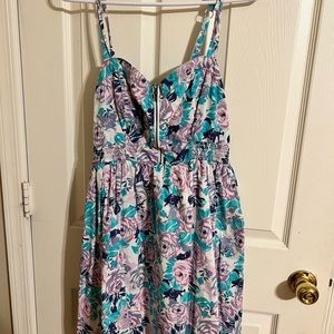 Teal and purple floral dress with pockets